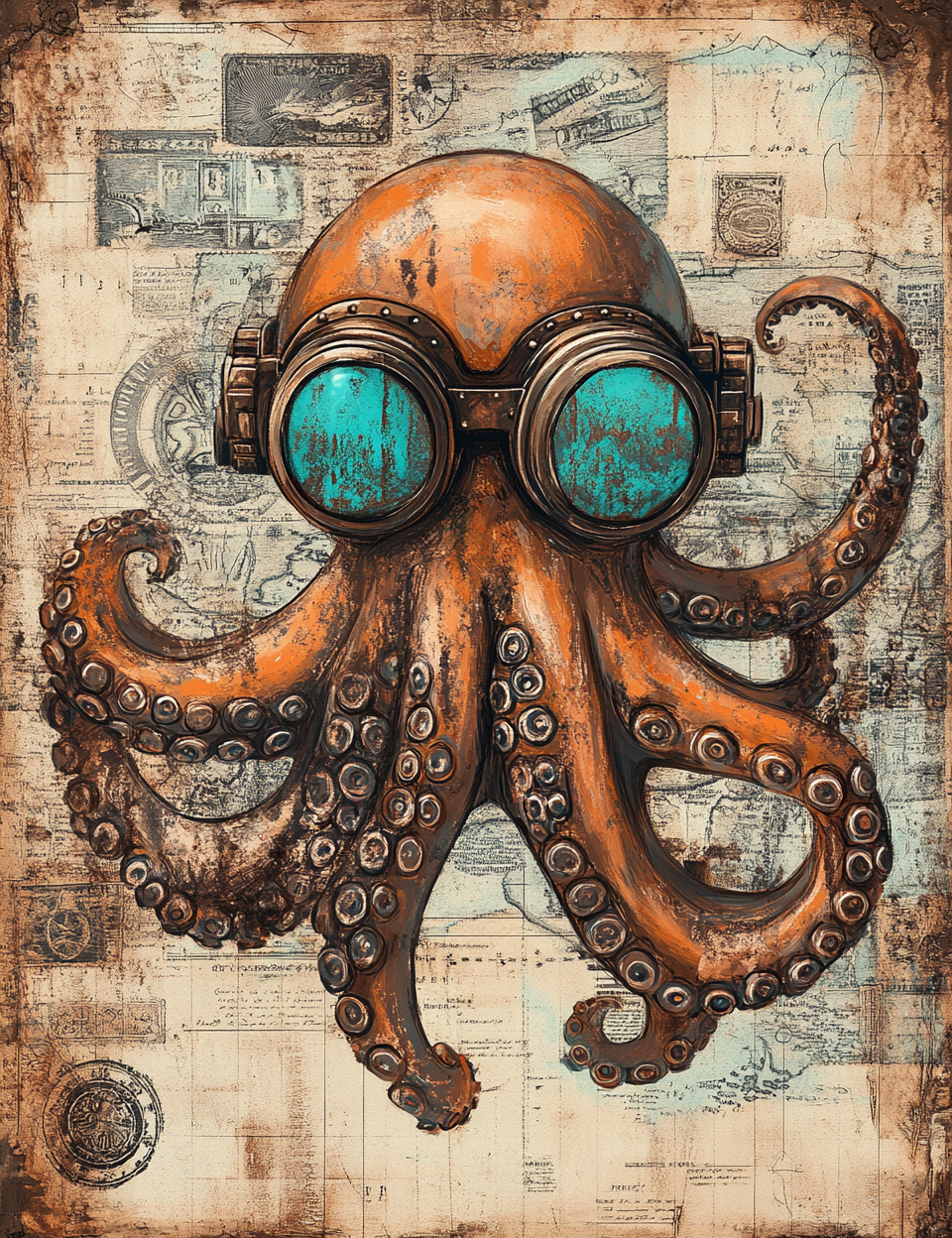 Steampunk octopus with goggles on a vintage background