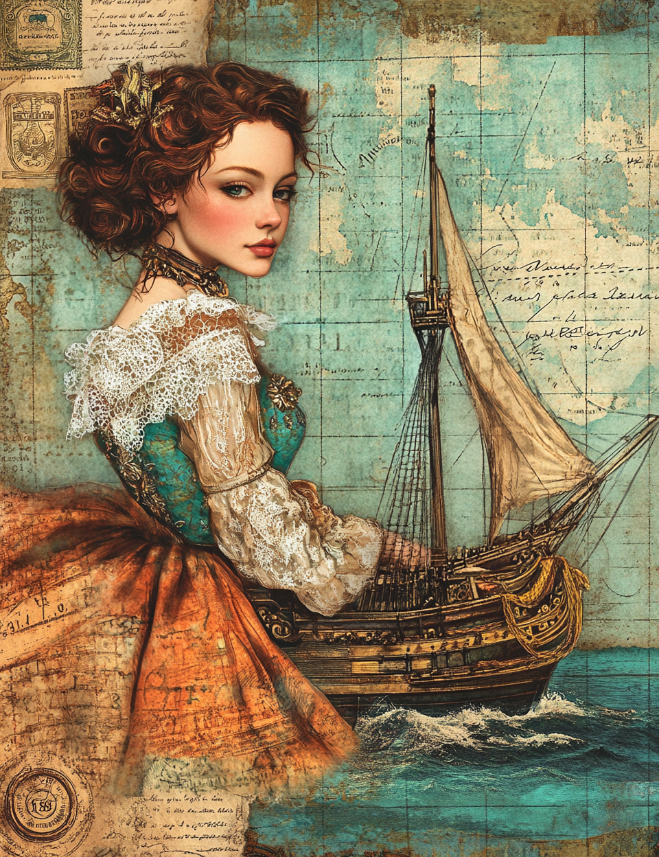 Artistic depiction of a woman in a historical dress with a ship on a textured background