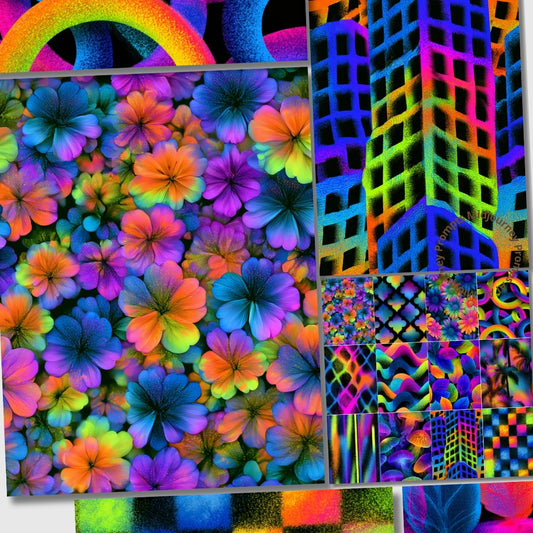 Collage of colorful abstract patterns including flowers, geometric shapes, and a rainbow.