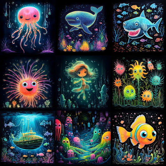 Neon Sea Animal Illustrations Iridescent Midjourney Prompt Instant Download