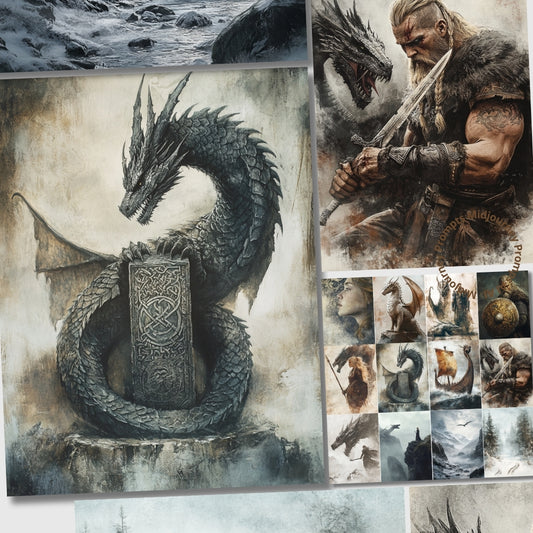 Midjourney V 6.1 Prompts for Nordic Dragons Junk Journal Kit