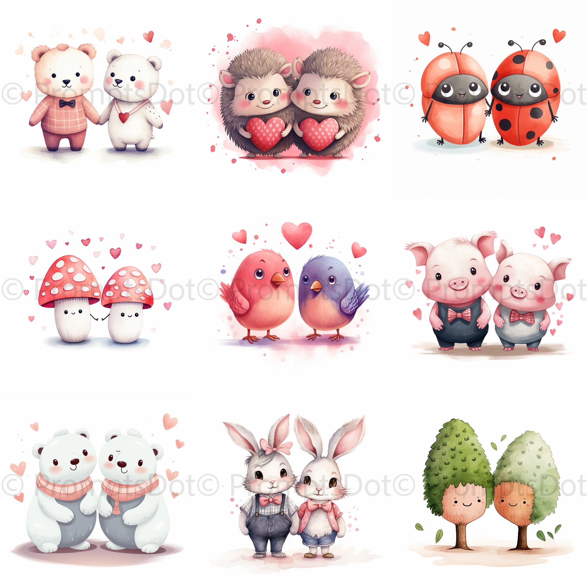 Cute Animals Couples In Love Nursery Art Midjourney Prompt Commercial Use