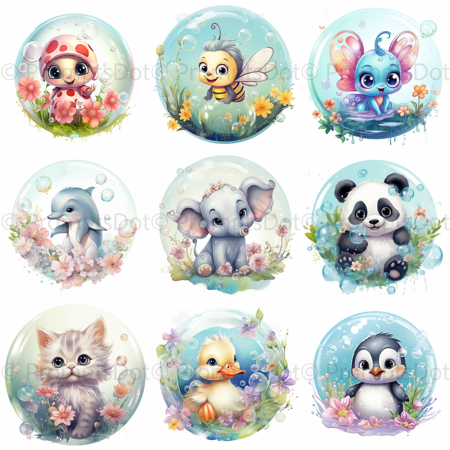 Nursery Watercolor Clipart Animals Bubbles Midjourney Prompt Commercial Use