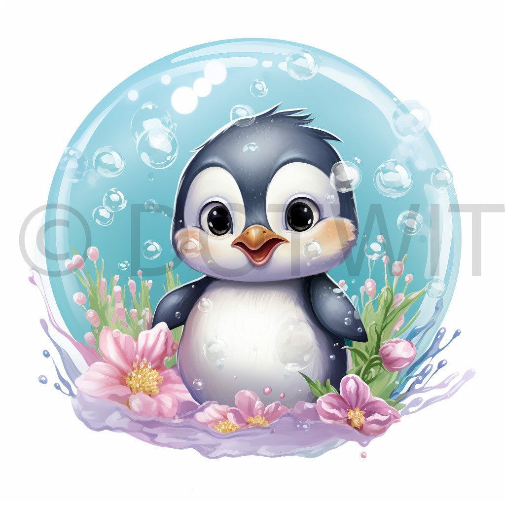 a penguin inside a bubble soap Nursery Watercolor Digital Art Animals in Bubbles and Midjourney Prompt Commercial Use