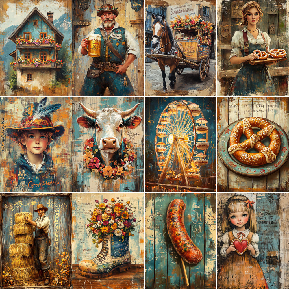 Collage of various images including a house, people, animals, and objects with a rustic and vintage theme.