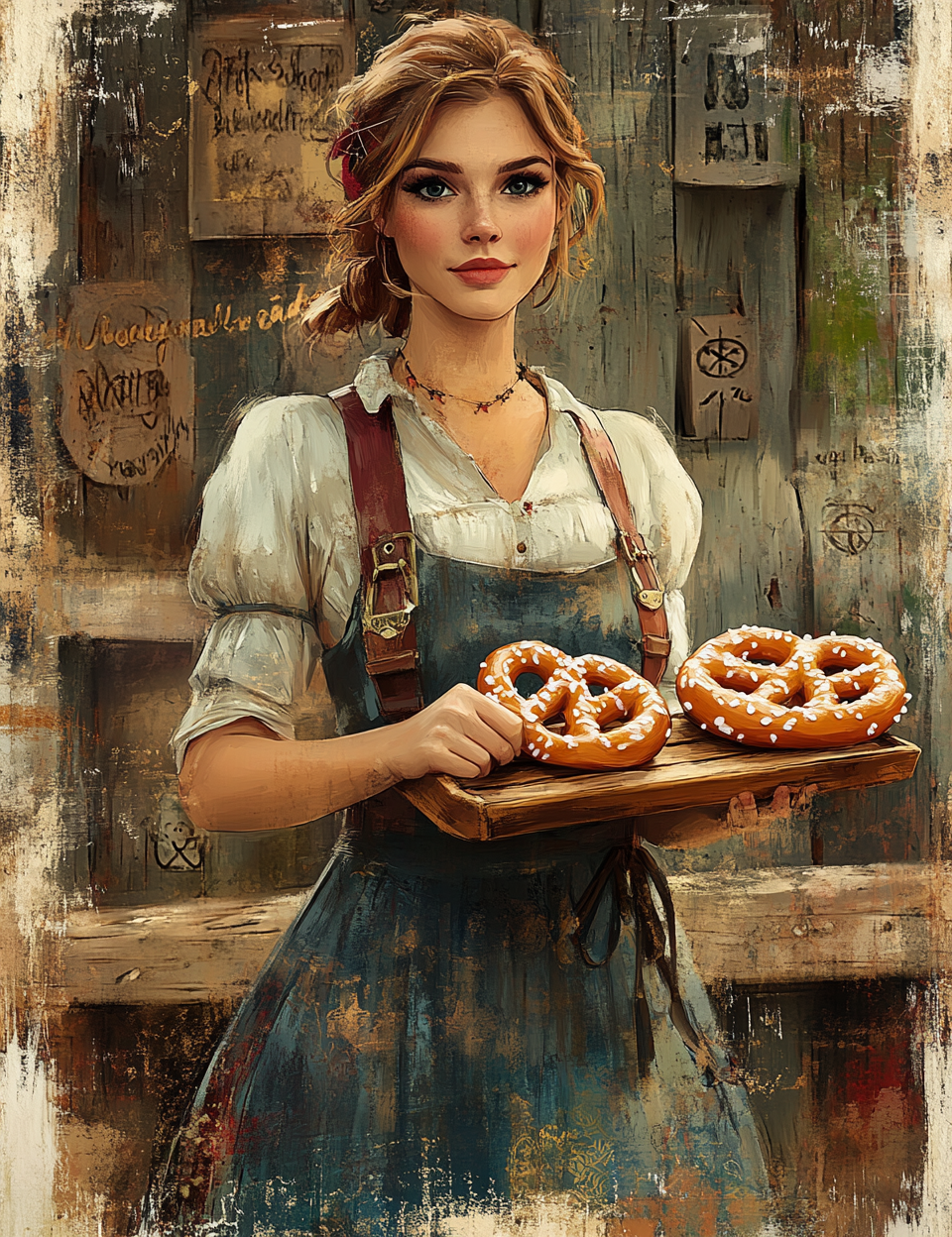 Woman holding a tray with pretzels in a rustic setting