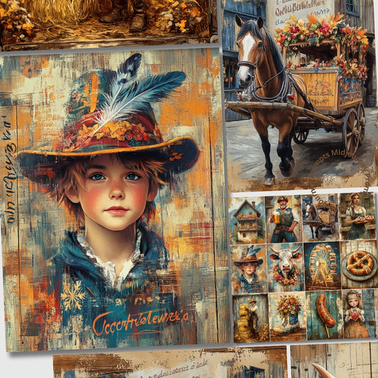 Collage of a young girl in a hat, horse with cart, and various images on a textured background.