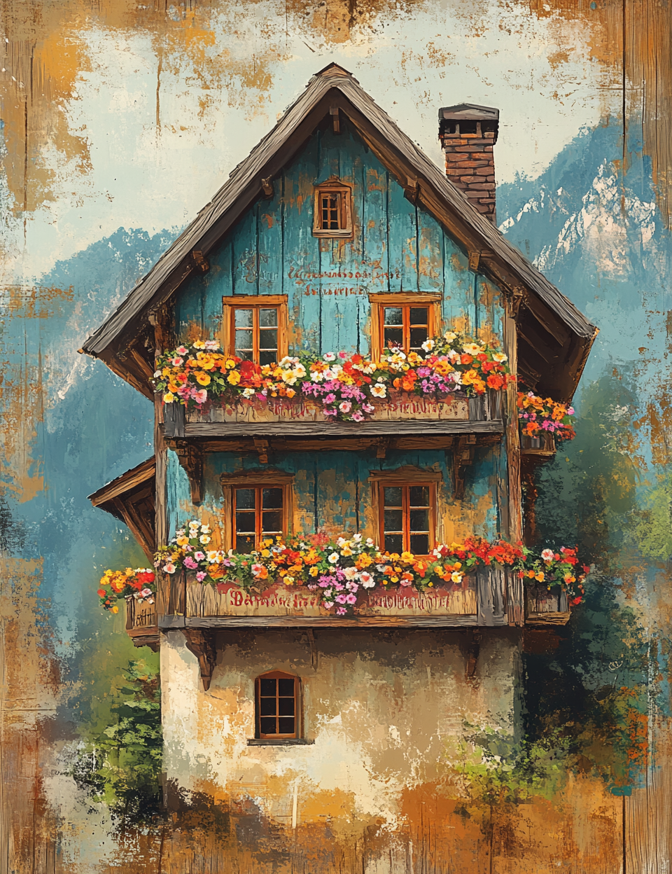 Painting of a rustic house with flower boxes on a textured background