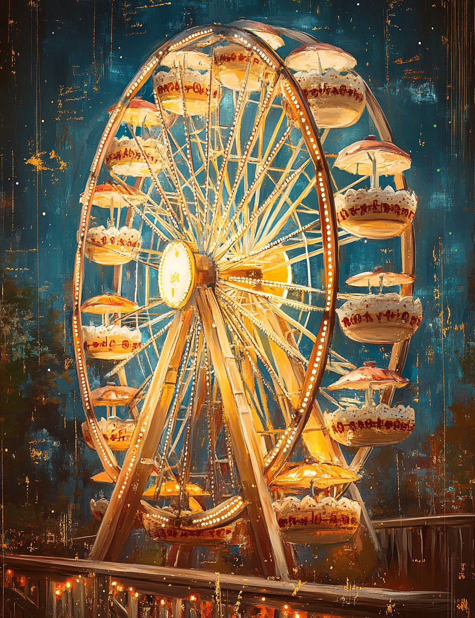 Ferris wheel at night with glowing lights against a dark blue sky