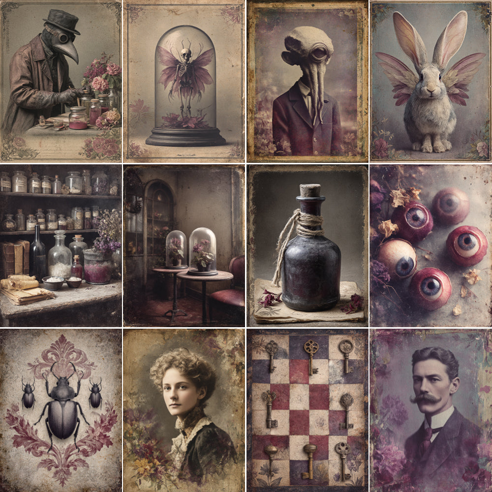 Collage of vintage-style images featuring fantastical elements like a plague doctor, fairy, rabbit, and various objects.