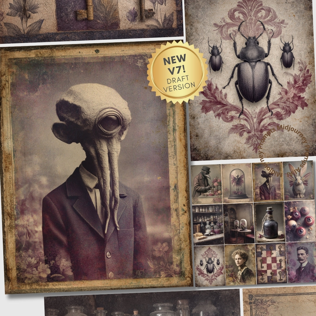 Collage of vintage-style art pieces with a focus on a creature in a suit and a beetle illustration.