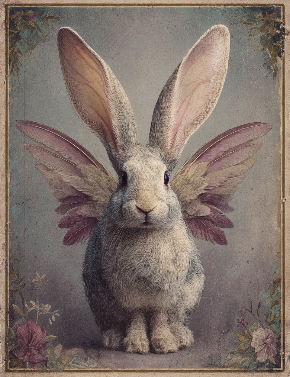 Fantasy rabbit with large ears and floral wings on a vintage-style background
