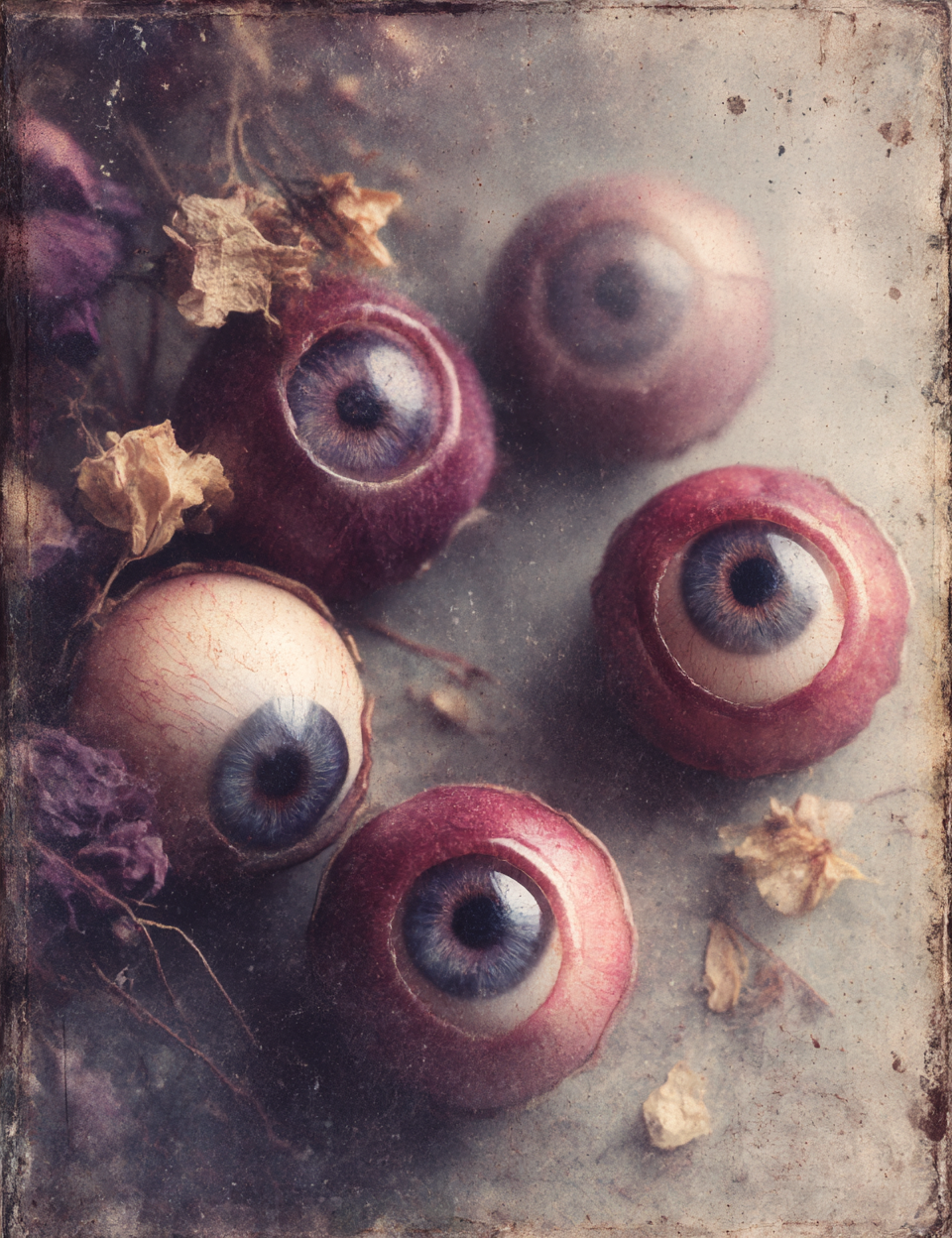 Artistic arrangement of eyeball-shaped objects with dried flowers on a textured surface