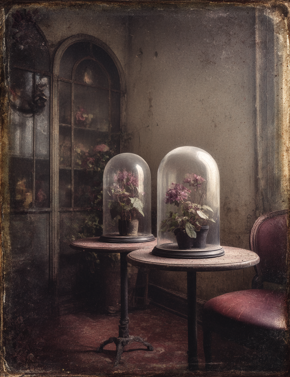 Two potted plants under glass domes on a table with a vintage interior setting.