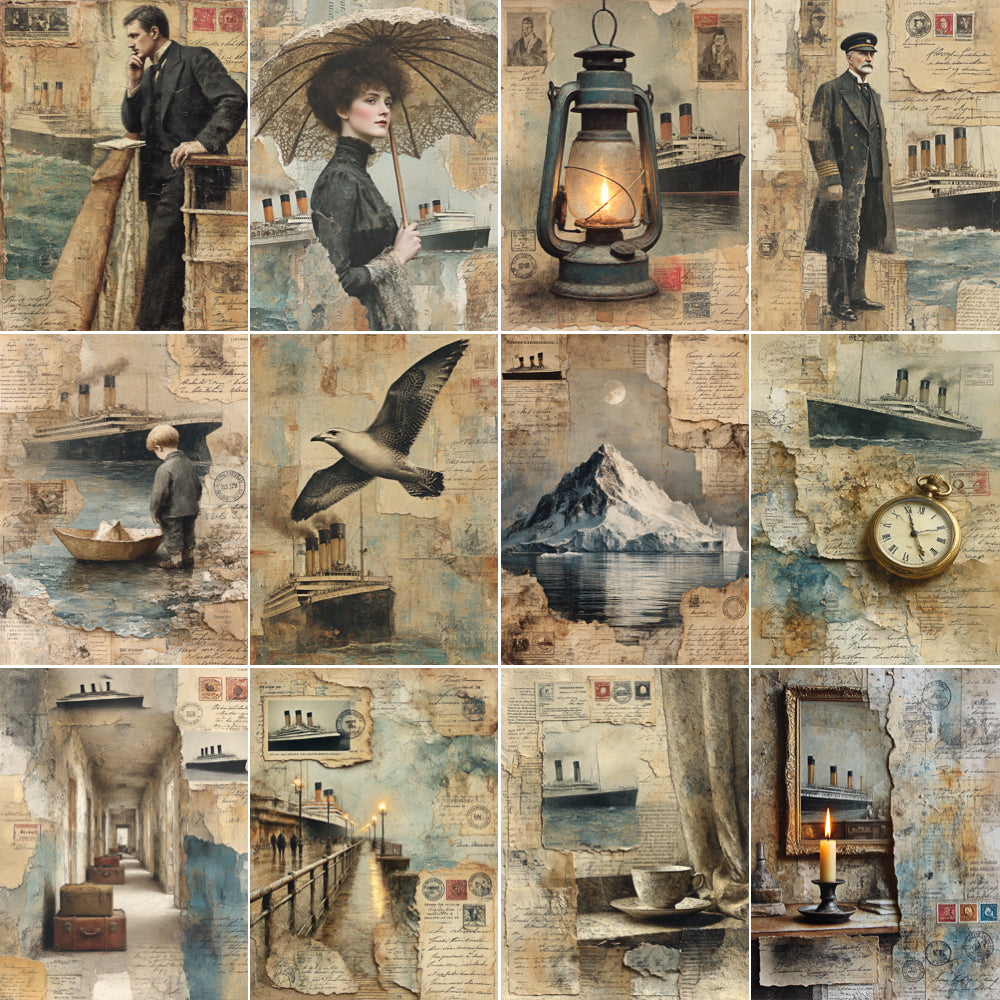 Collage of vintage-style images featuring people, objects, and scenic elements.