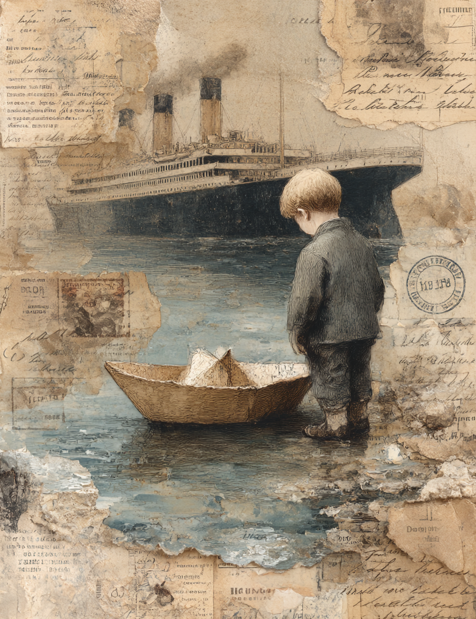 Collage of a boy with a boat and a ship in the background, with vintage newspaper clippings.
