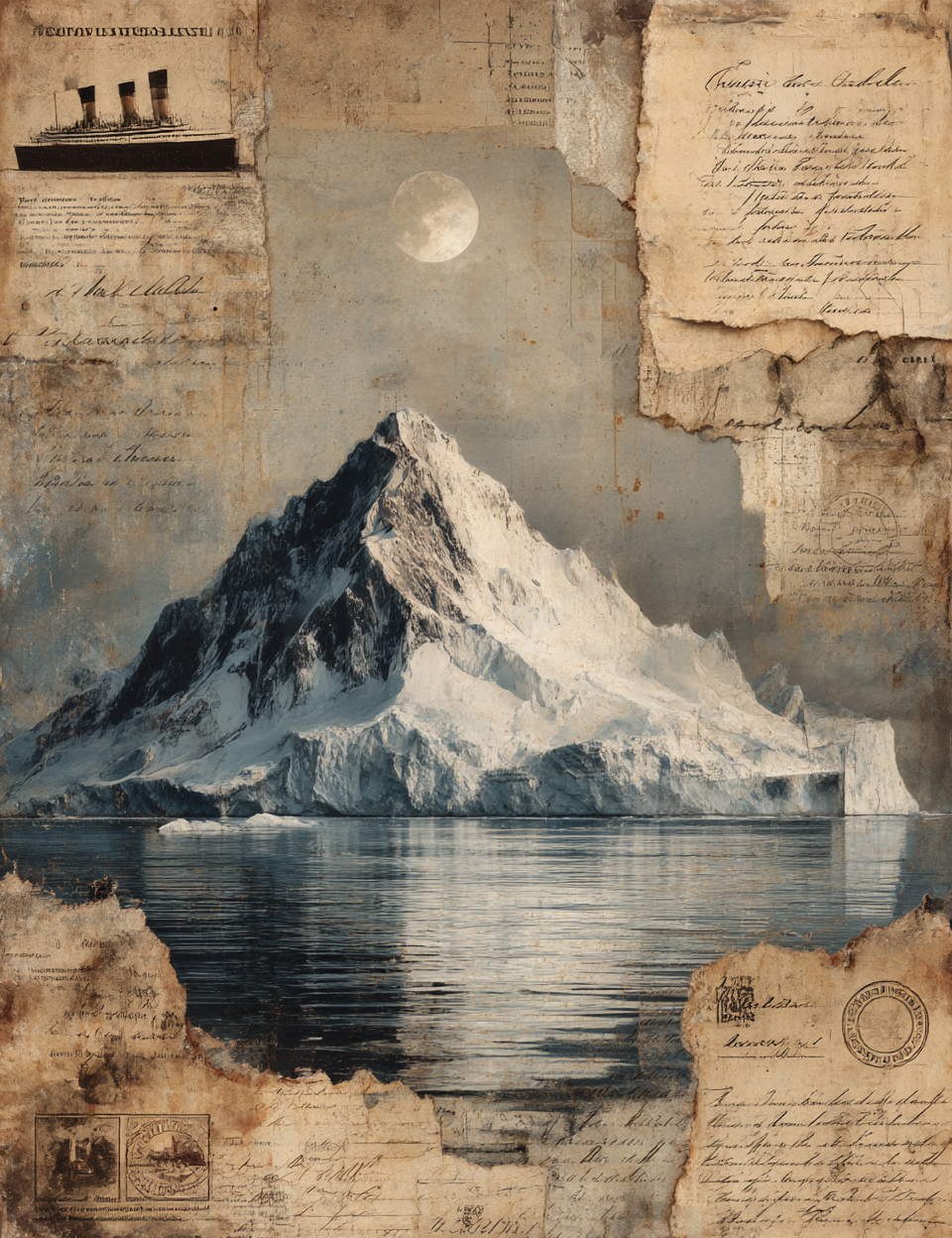 Collage of an iceberg with vintage newspaper clippings and a ship on a textured background