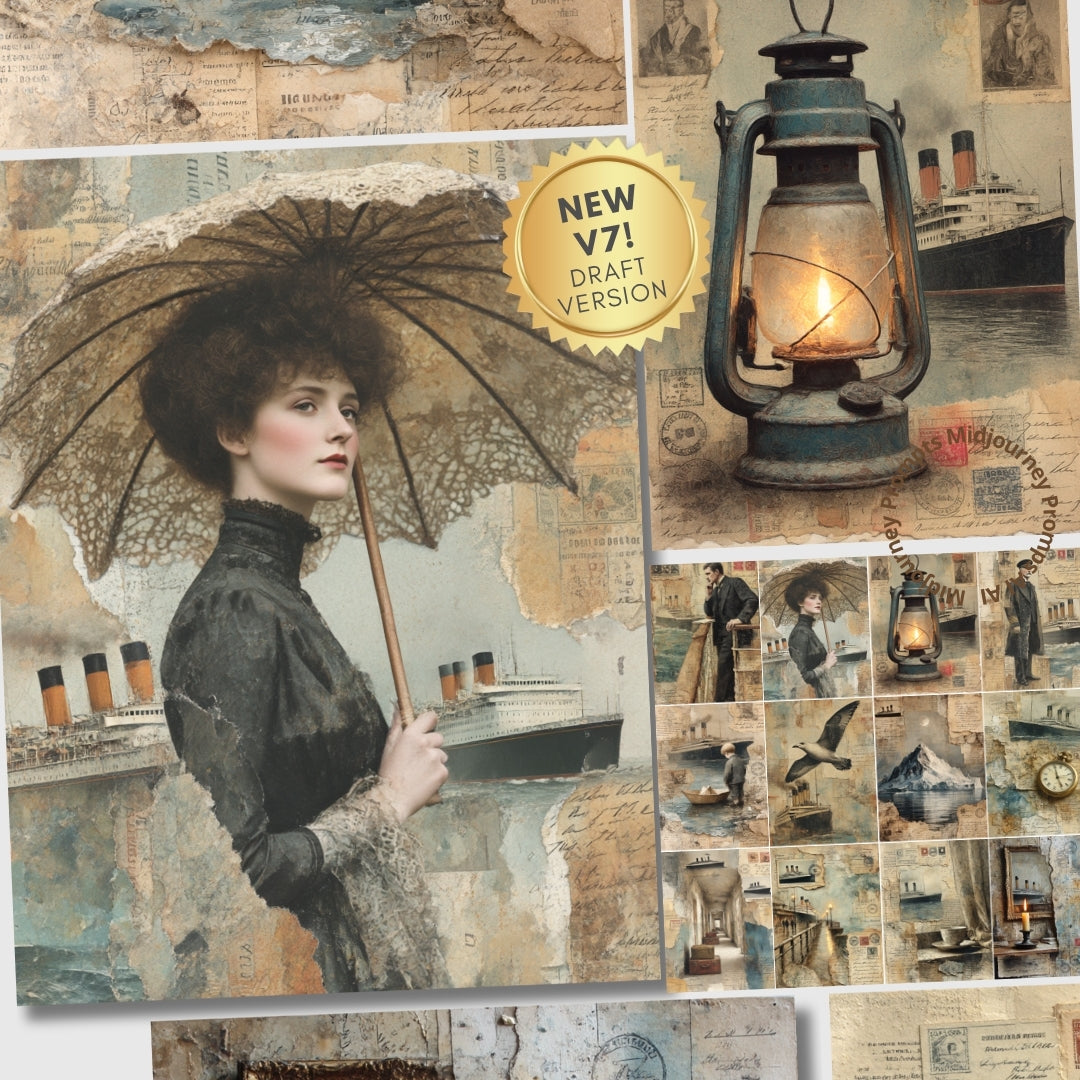 Collage of vintage-style images including a woman with an umbrella, a lantern, and ship illustrations.