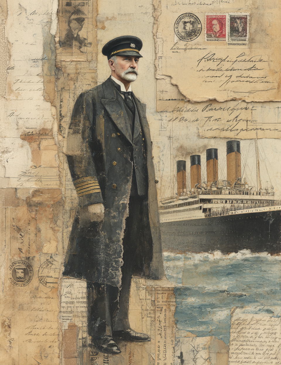 Collage of a man in a captain's uniform with Titanic and vintage letters.