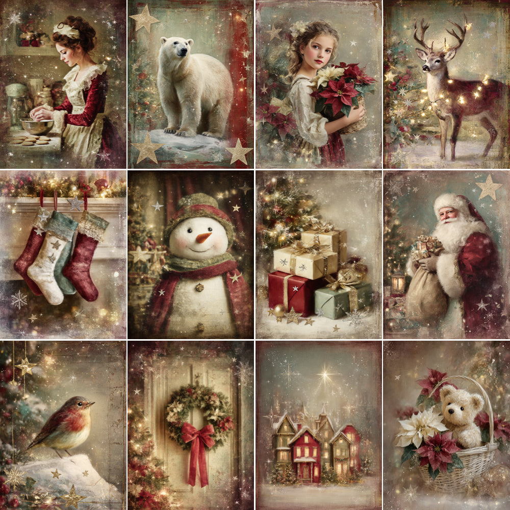 Collage of Christmas-themed illustrations including a girl with flowers, polar bear, deer, stockings, snowman, Santa Claus, robin, wreath, village scene, and teddy bear.