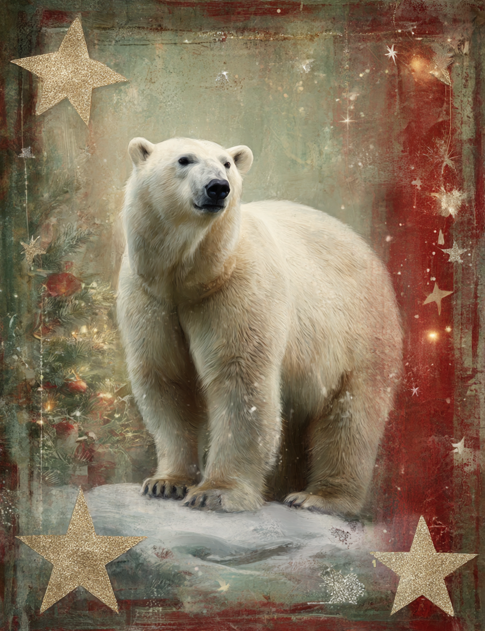 Polar bear standing on a textured background with decorative stars and lights