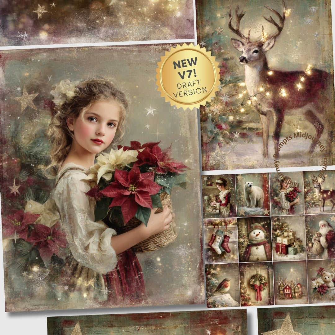 Collage of Christmas-themed images including a girl with poinsettias, deer, and festive elements.