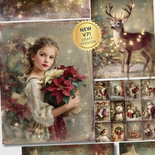 Collage of Christmas-themed images including a girl with poinsettias, deer, and festive elements.