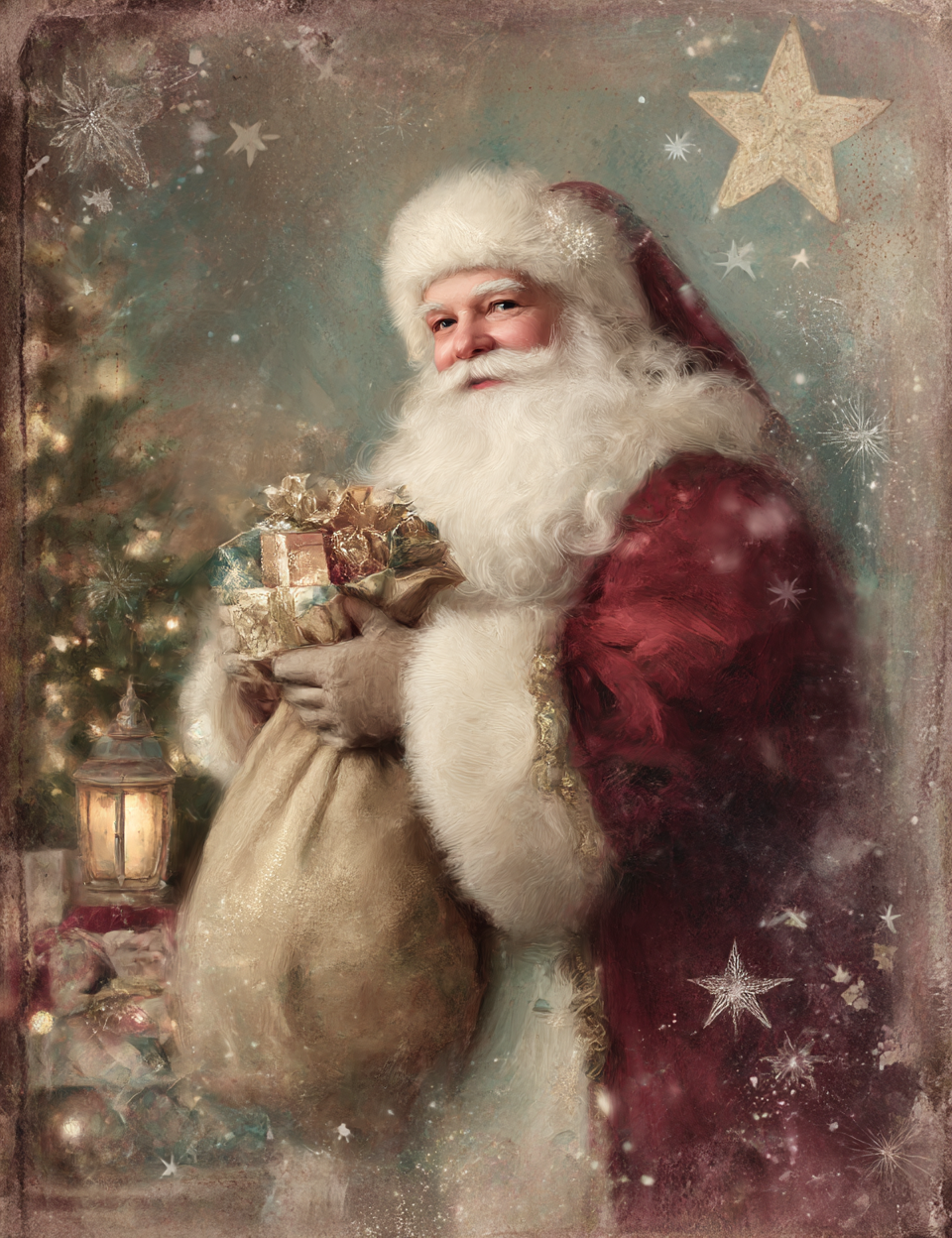 Vintage-style illustration of Santa Claus holding gifts with a starry background