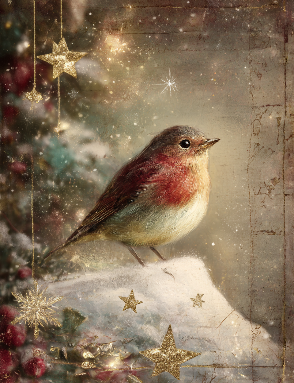 Vintage-style illustration of a robin with Christmas decorations and stars.