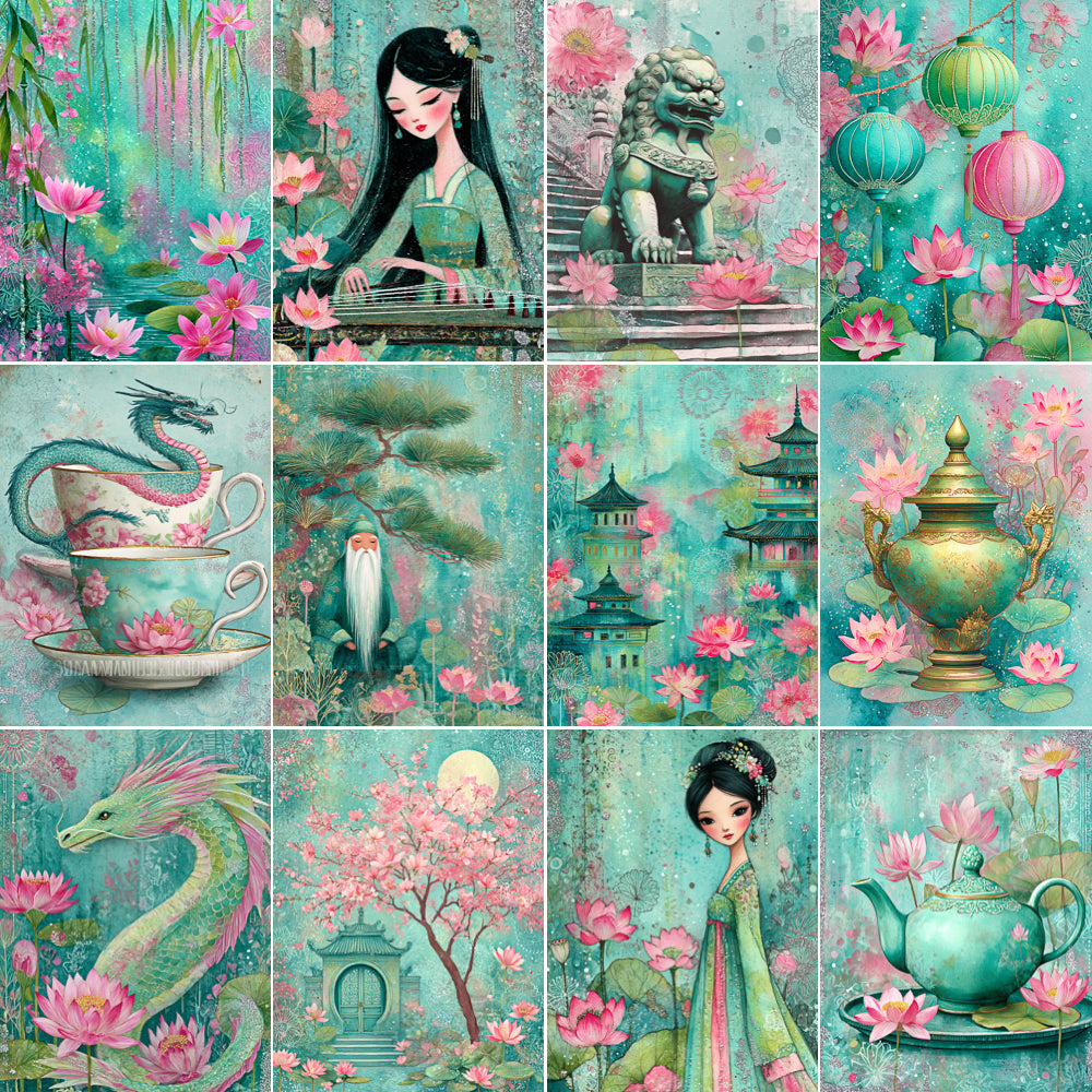 Collage of artistic illustrations featuring traditional Chinese elements such as dragons, pagodas, and floral landscapes.