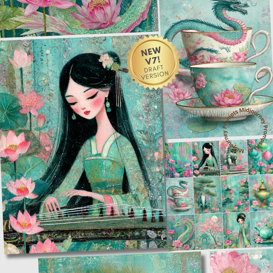 Collage of a woman in traditional attire with lotus flowers and a dragon teacup in a decorative setting.