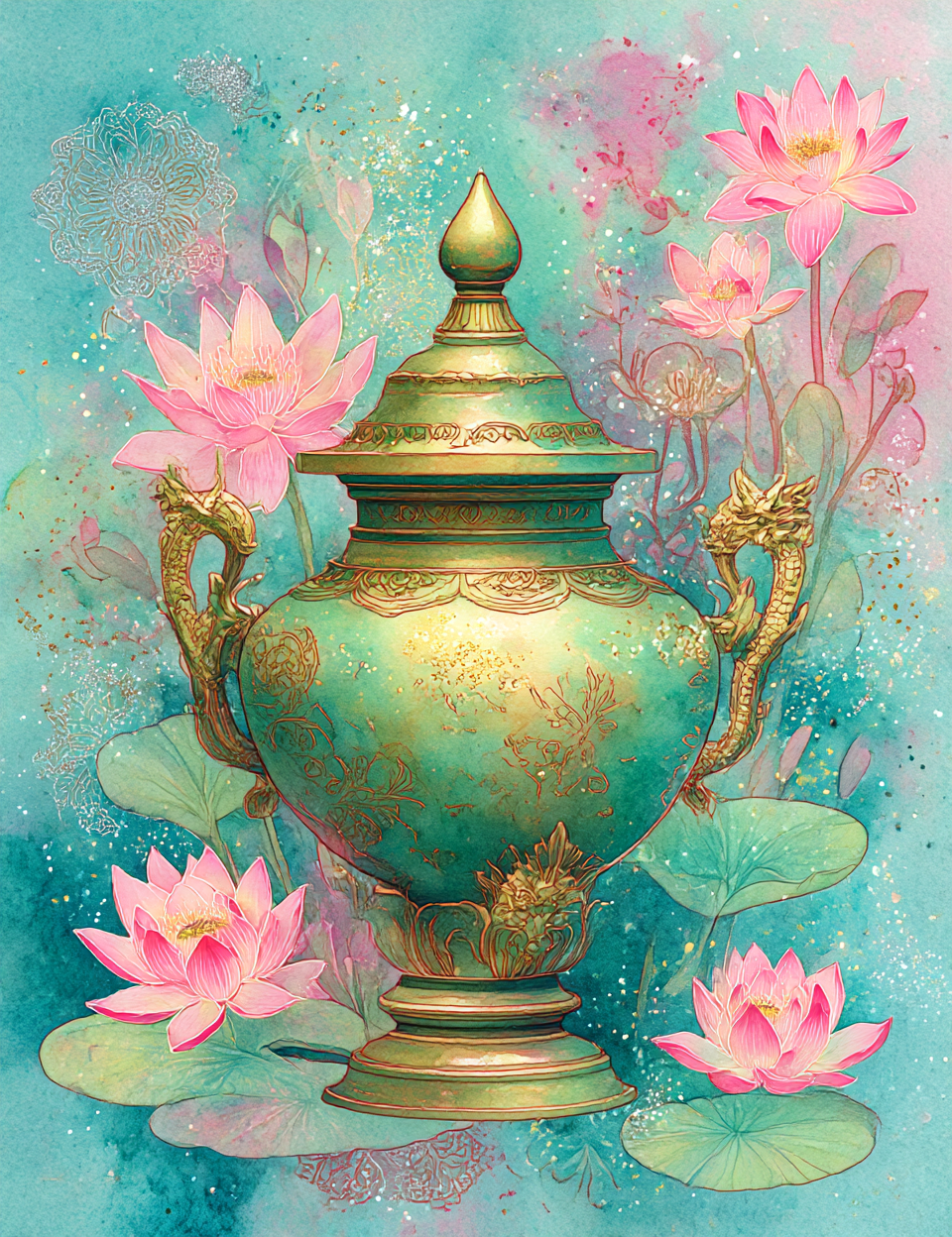 Decorative urn with pink lotus flowers on a teal background