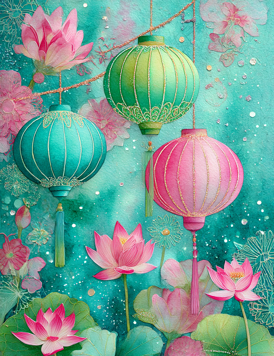 Colorful lanterns and pink lotus flowers on a teal background