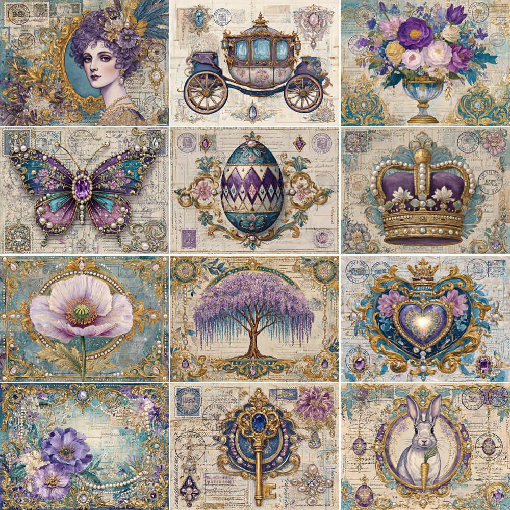 Collage of decorative images including a woman's portrait, carriage, flowers, butterfly, egg, crown, heart, tree, key, and rabbit in a vintage style.