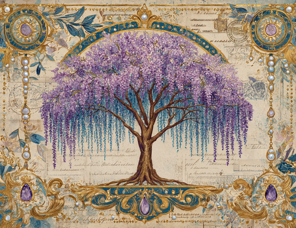 Decorative illustration of a wisteria tree with intricate gold and blue embellishments on a textured background.