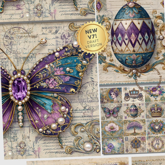 Decorative butterfly and egg design with vintage elements on a textured background.