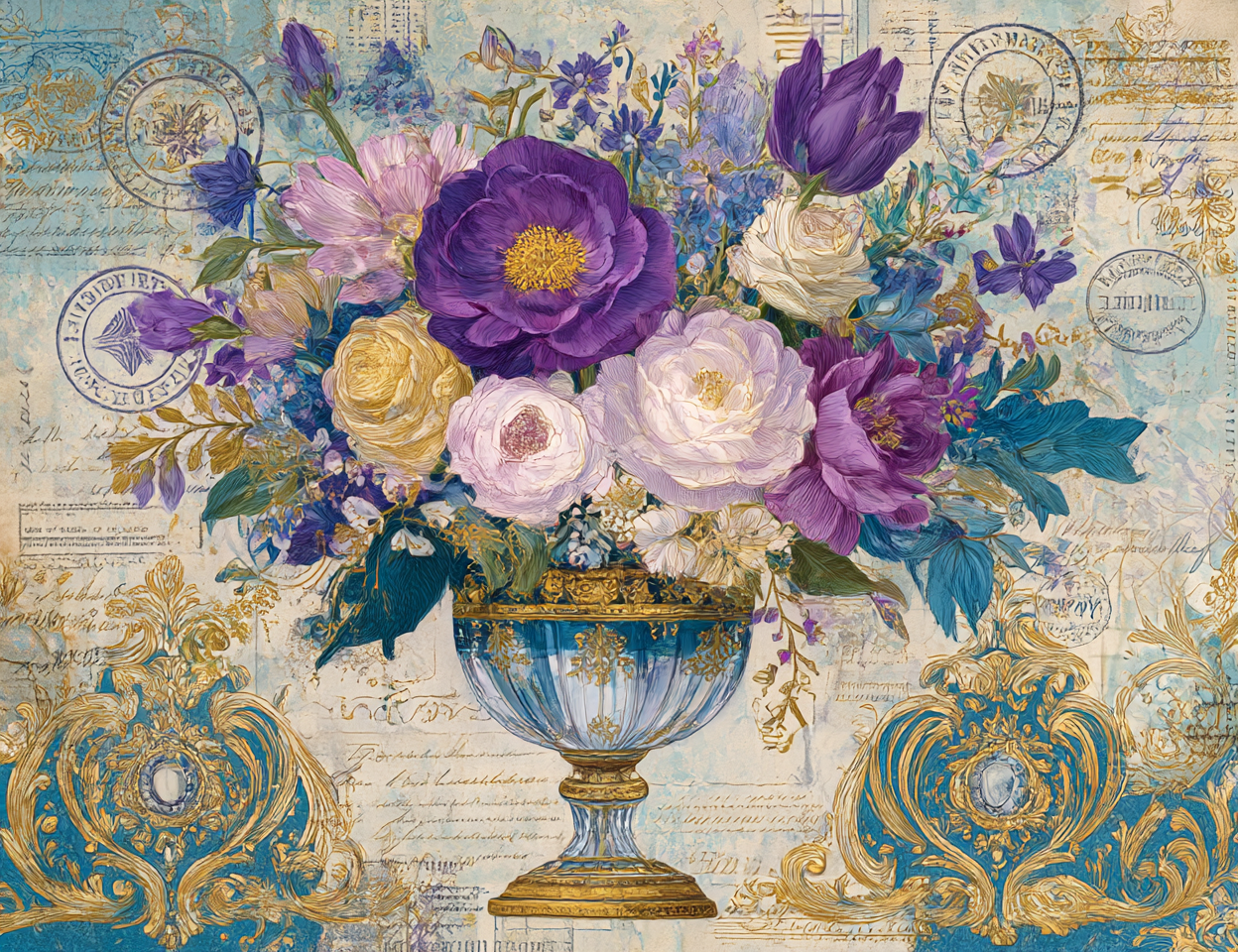 Decorative wallpaper with a floral arrangement in a blue urn on an ornate background.