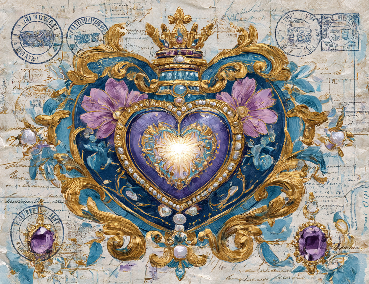 Decorative heart emblem with gold, blue, and purple elements on a textured background.