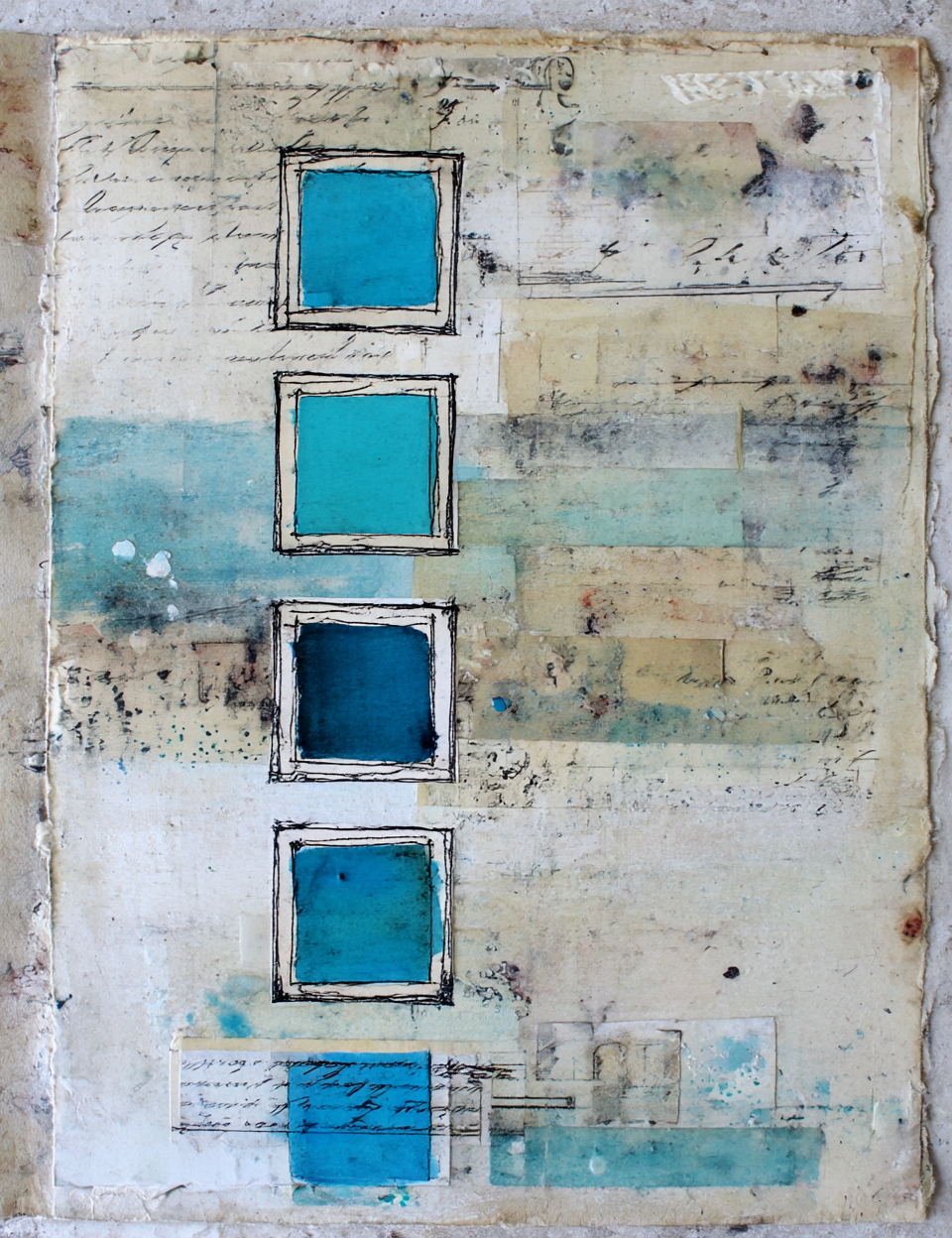 Artistic collage with blue square patterns on a textured background