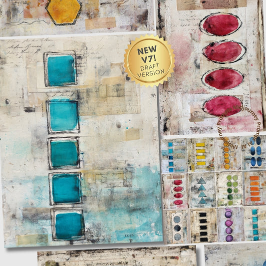 Artistic color swatch book with watercolor samples and a gold 'NEW V7! DRAFT VERSION' label.