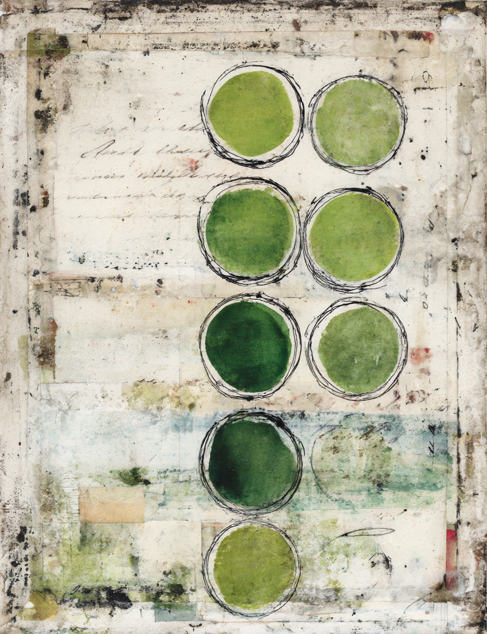 Artistic depiction of green circles on a textured surface with script text