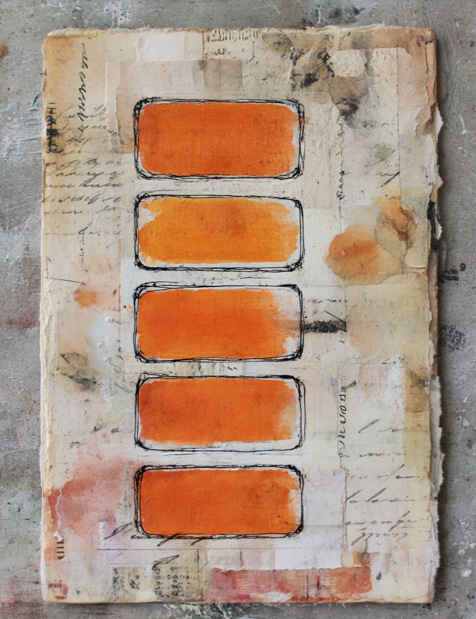 Artistic depiction of orange rectangles on a textured surface with text and patterns.