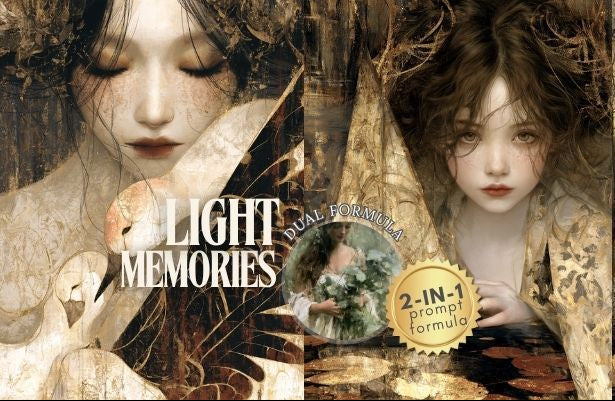 A promotional collage for a digital art prompt pack titled 'Light Memories' featuring two stylized portrait illustrations of young women in a sepia-toned, painterly aesthetic. The design includes floral elements, distressed textures, and a gold badge reading '2-in-1 prompt formula.