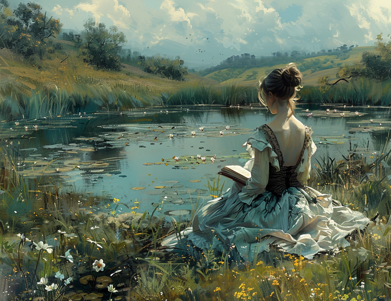 a girl reading in a pond Pastoral Oil Painting Style Landscapes Midjourney Prompts