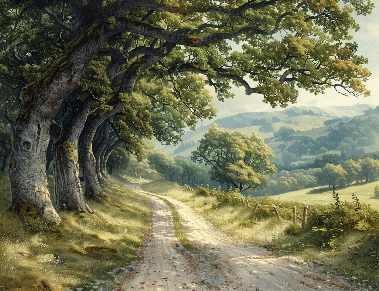 an oak road Pastoral Oil Painting Style Landscapes Midjourney Prompts