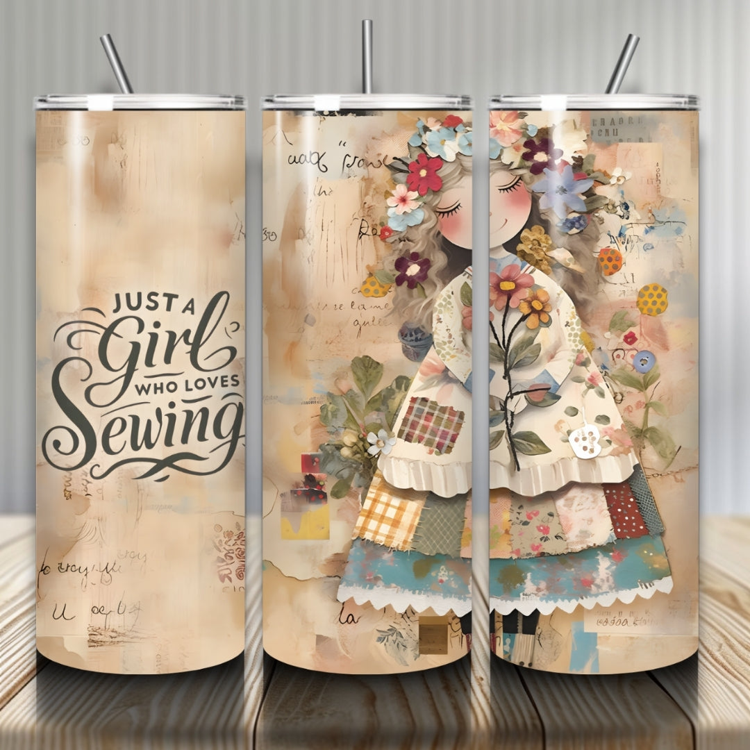 just a girl Quilting Tumbler for Skinny Tumbler 20 oz, Sewing Tumbler Wrap