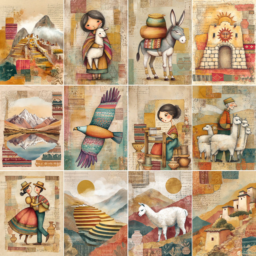 Collage of colorful illustrations featuring people, animals, and landscapes with a warm color palette.