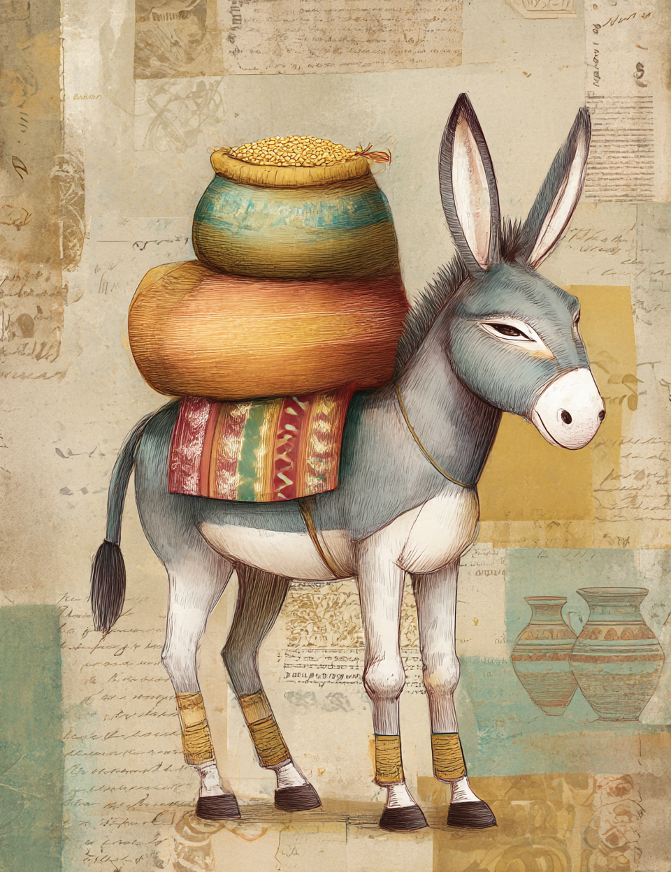 Illustration of a donkey carrying pots on a textured background