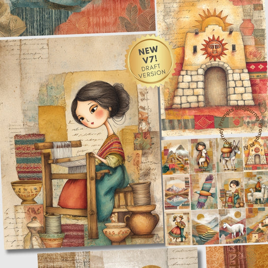 Illustration of a woman at a loom with a collage of images and text in the background.