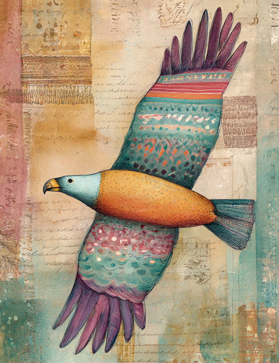 Colorful bird illustration on a textured paper background